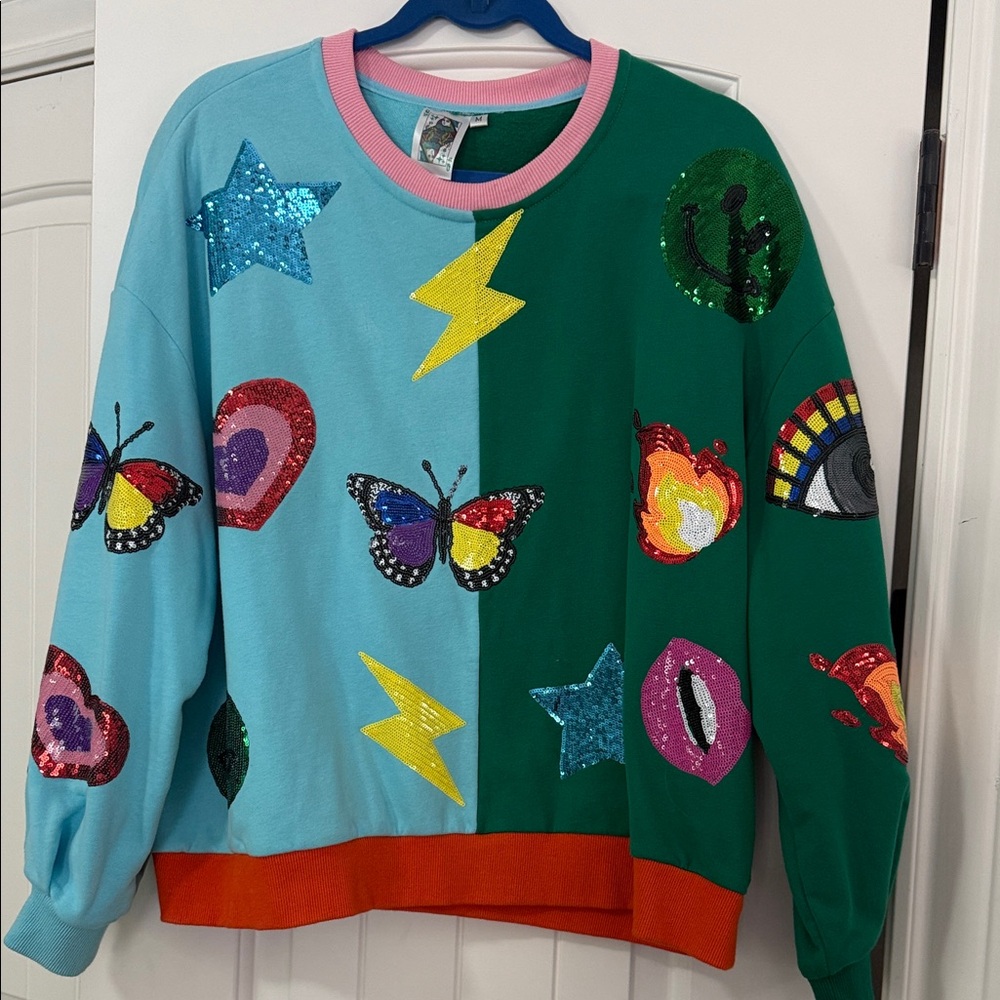 QUEEN OF SPARKLES Colorful Sequin Graphic Sweater